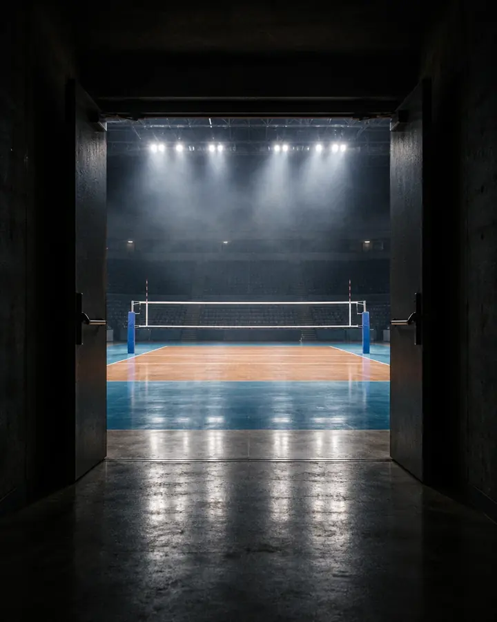 Desde un pasillo oscuro, la puerta abierta a una cancha de voleibol iluminada, con la red bajo las luces.