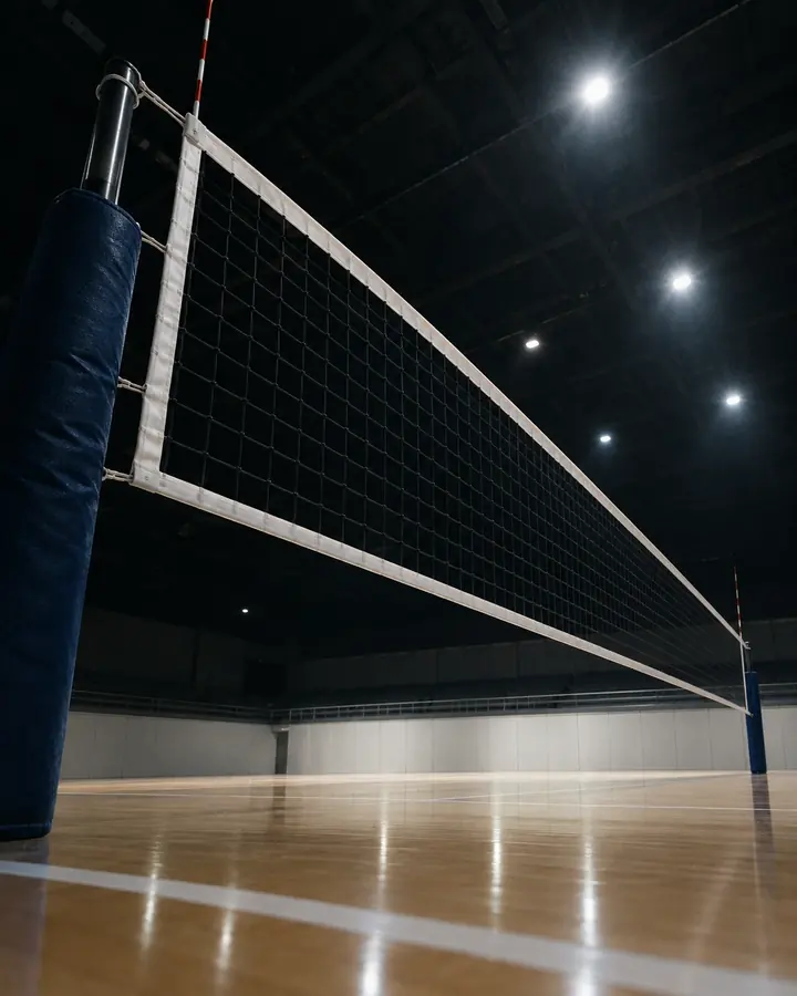 Una red de voleibol vista desde el suelo, alta e imponente bajo los reflectores.