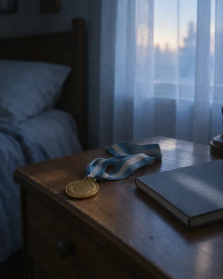 Un dormitorio al amanecer: en la mesa de noche, una medalla de oro con cinta celeste y blanca junto a un cuaderno.